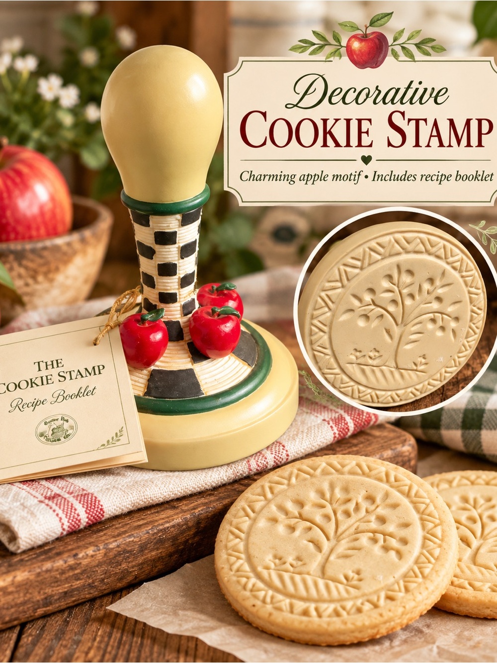 Decorative Apple Cookie Stamp - Cream and Green